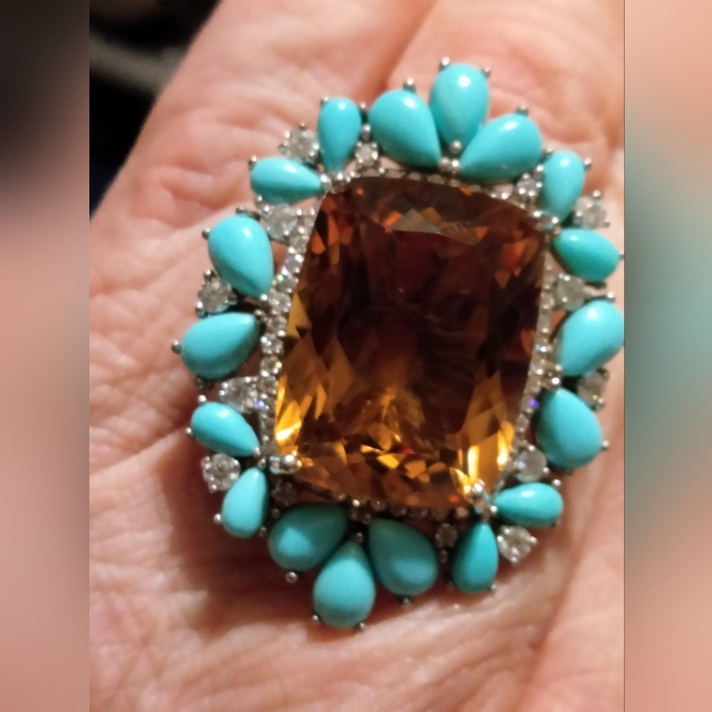 AAA Brazilian Citrine w/ Sleeping Beauty Turquoise White Diamond Halo - Picture 3 of 3